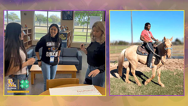 Abril Soto engages with peers, and Abigail Traylor participates in horseback riding.