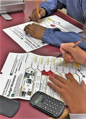 Two students complete budget worksheet.