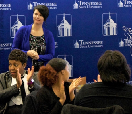 Dr. Melanie Shea Austin Cantu speaks to an audience.