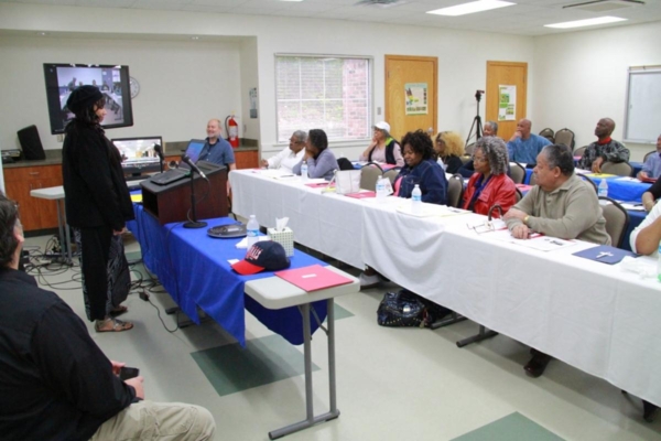 Research assistant Deborah Jenkins conducts a lunch and learn session in April 2017 to a group of senior citizens.
