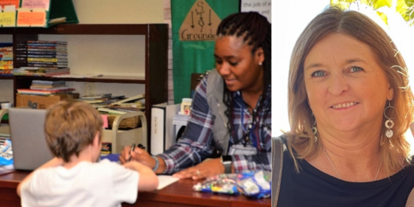 Program educator Dorlissa Jones working with a student and administrative assistant, Jody Bruemmer.