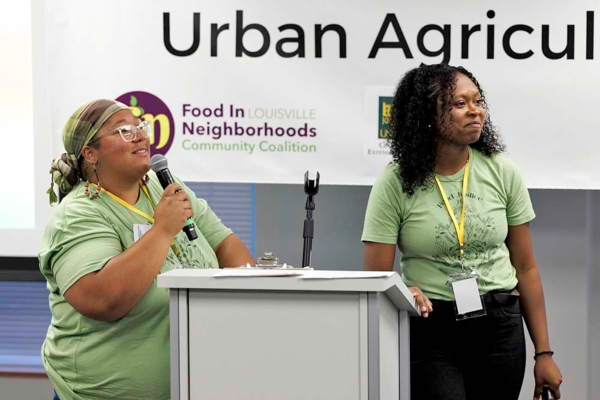 LeTicia Marshall speaks during the opening plenary of Weaving the Food Web: The People’s Summit on Food Systems and Urban Agriculture in Louisville.