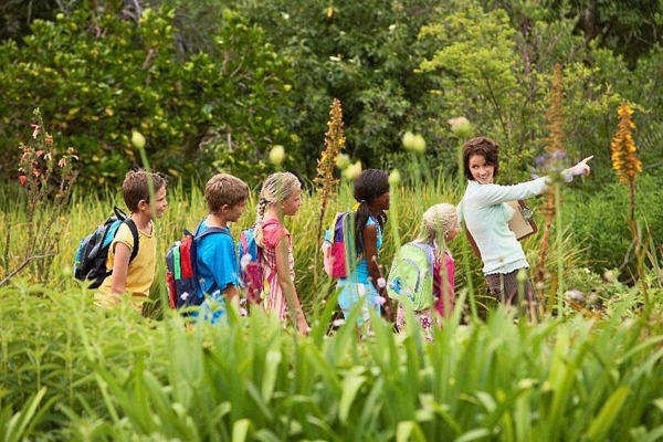 Teacher walks with students through wooded area.