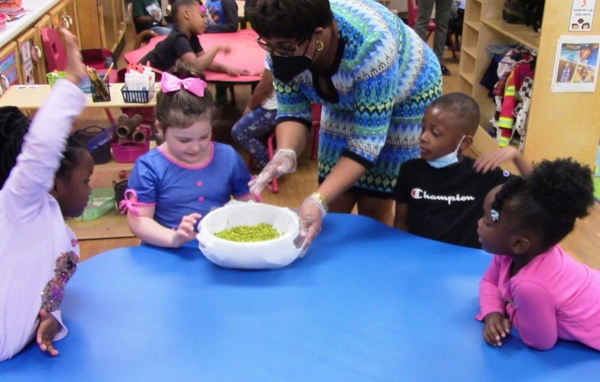 Dr. Karleah Harris teaches pre-K children at the UAPB Child Development Center how to grow mung beans.