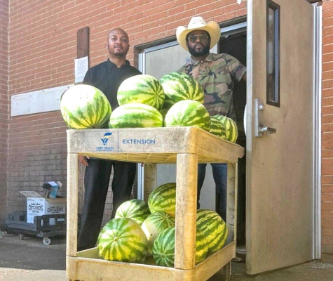 Two men with a cart of watermelons.